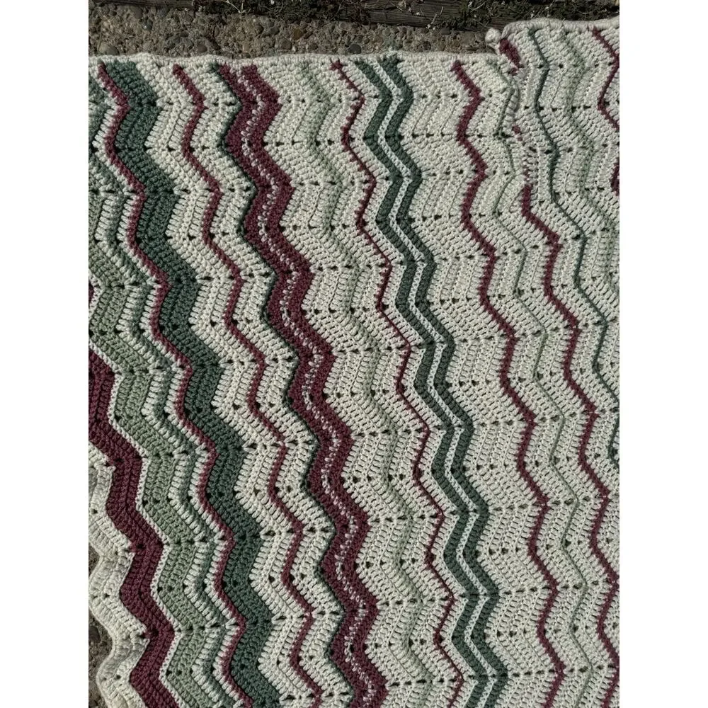 Handmade Crochet Chevron Afghan Blanket Green Burgundy Cream 73x90 Large